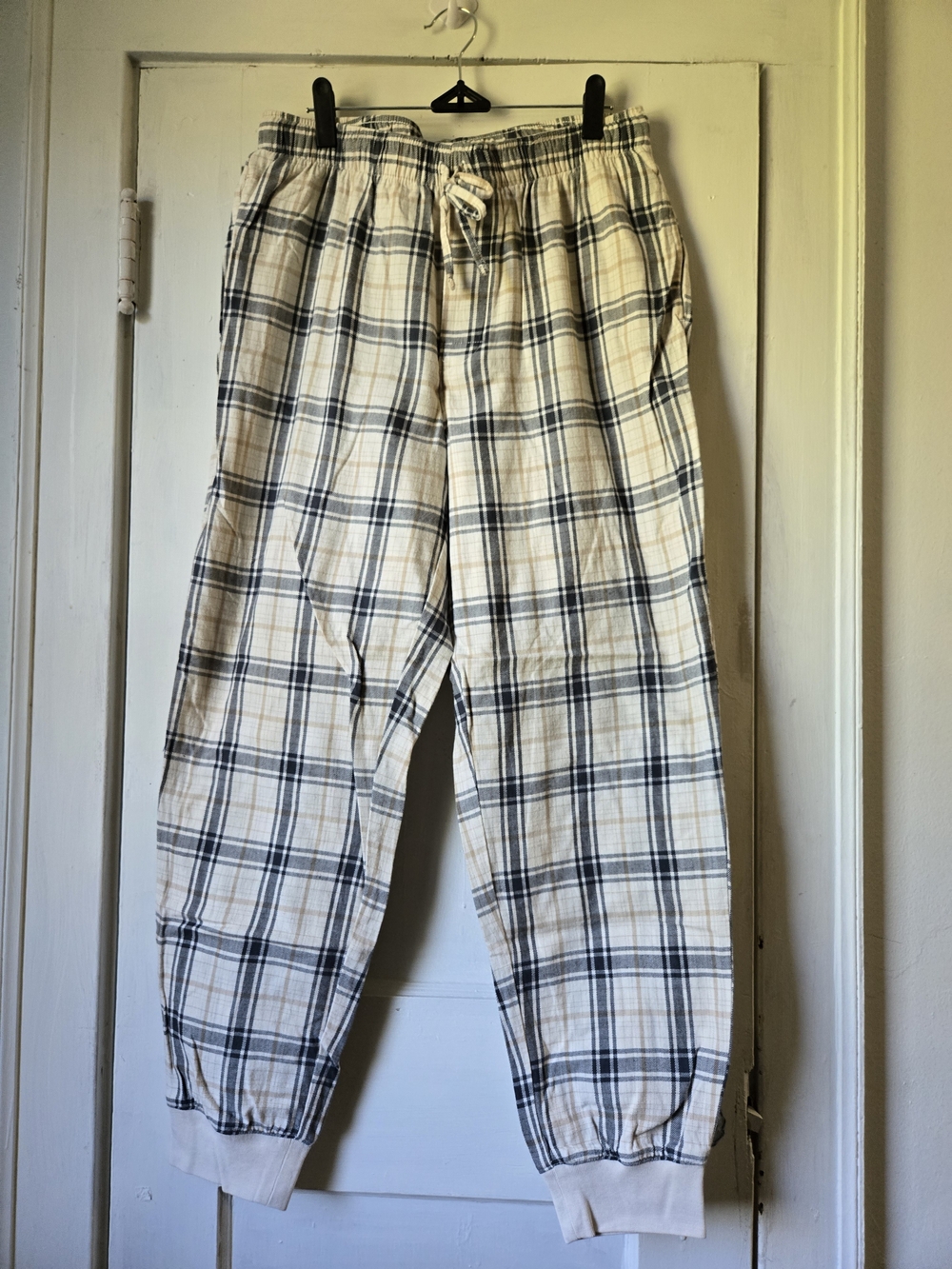 Lands' End Cream & Black Plaid Drawstring Flannel Joggers Medium 32-34